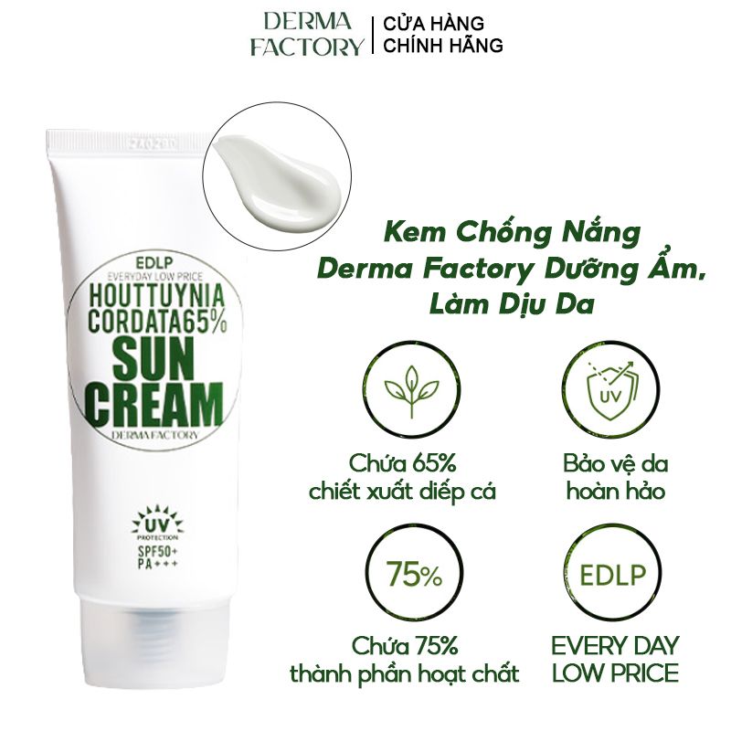 Kem Chống Nắng Dưỡng Ẩm, Làm Dịu Da Derma Factory EDLP Houttuynia Cordata 65% Suncream SPF50+/PA+++ 50g