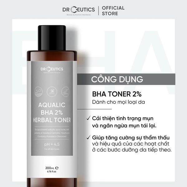 Nước Cân Bằng DrCeutics Làm Dịu Da, Hỗ Trợ Giảm Mụn Aqualic BHA 2% Herbal Toner 100ml