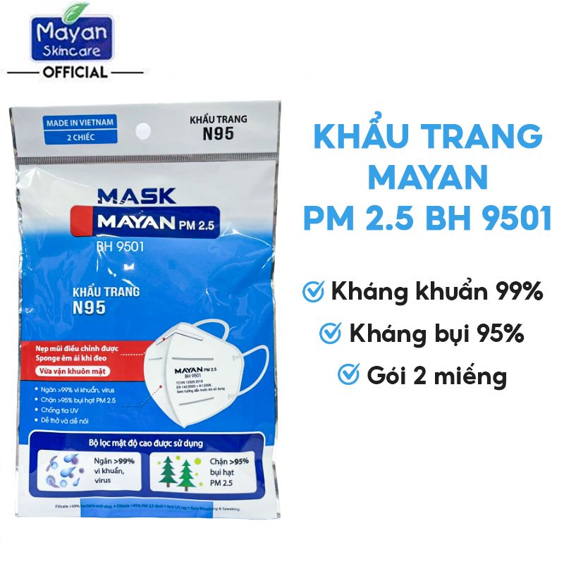 [Túi 2 Cái] Khẩu Trang Ngăn Vi Khuẩn 99%, Lọc Bụi 95% Mayan PM 2.5 BH 9501