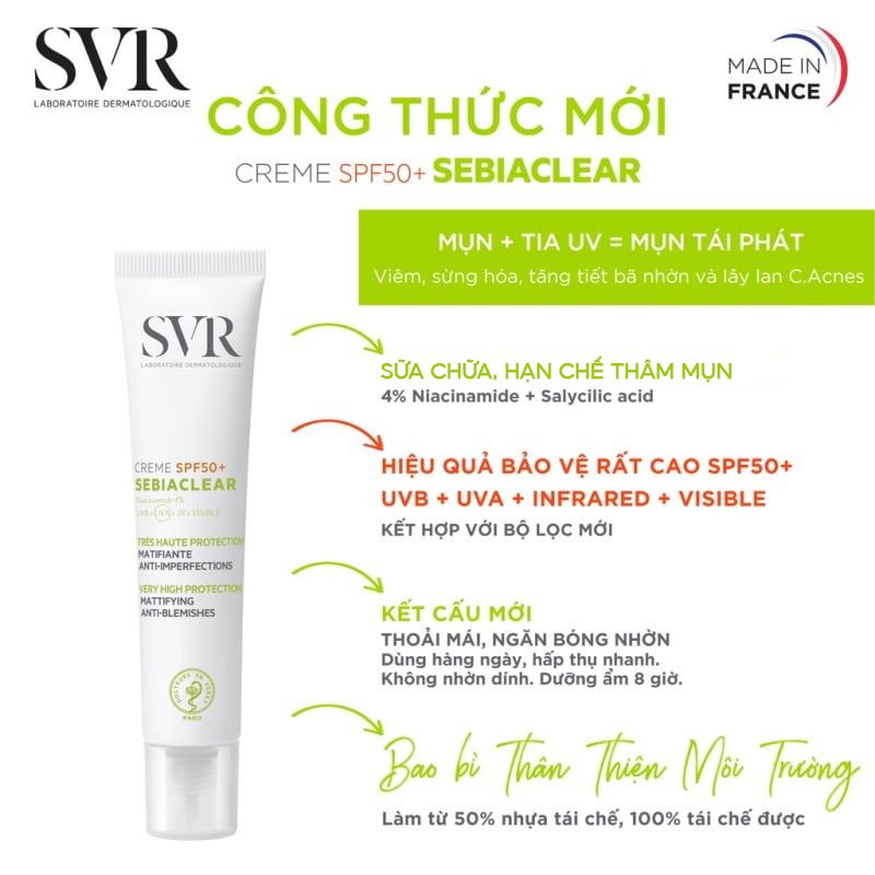 Kem Chống Nắng Hỗ Trợ Giảm Mụn, Kiểm Soát Dầu Nhờn SVR Sebiaclear Crème SPF50+ 40ml