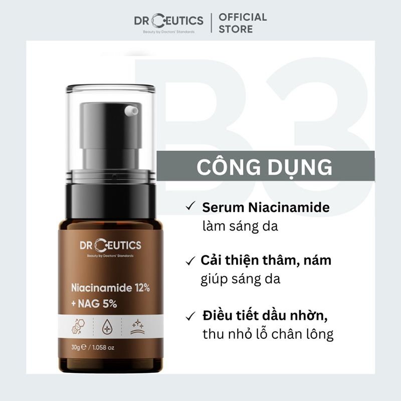 Serum DrCeutics Hỗ Trợ Dưỡng Sáng, Giảm Thâm Mụn, Kiềm Dầu DrCeutics Niacinamide 12%+ NAG 5% 30g