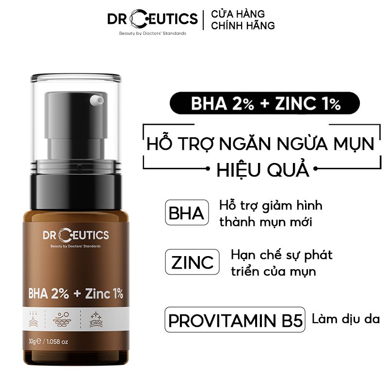 Serum Tinh Chất Dưỡng Hỗ Trợ Giảm Mụn, Kiểm Soát Dầu Nhờn DrCeutics BHA 2%+ Zinc 1% 30g