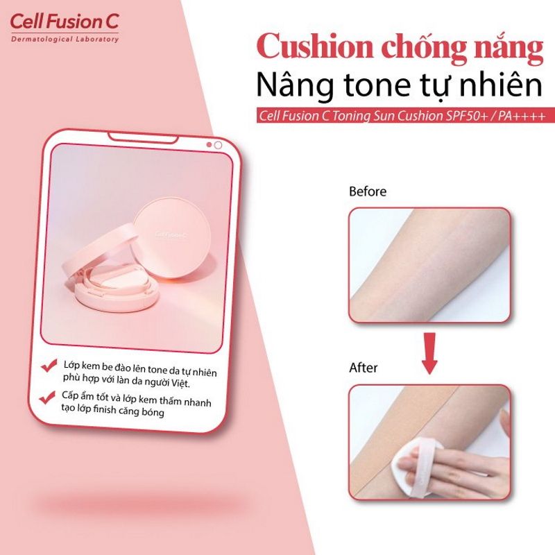 Kem Chống Nắng Nâng Tông Tự Nhiên, Cấp Ẩm Làm Da Căng Bóng Cell Fusion C Toning Sun Cushion SPF 50+/PA++++ 13g