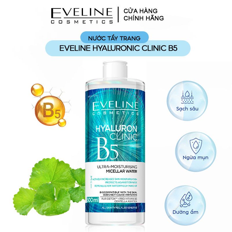 Eveline Hyaluronic Clinic - Nước tẩy trang dưỡng ẩm da 500ml