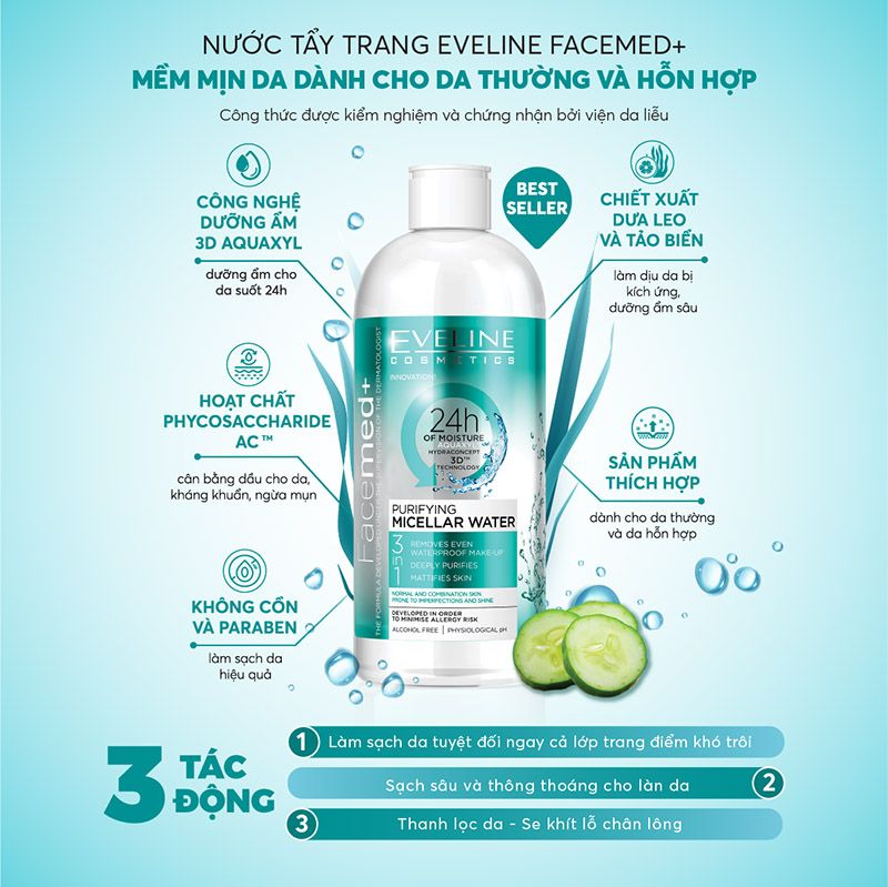 Nước Tẩy Trang Làm Sạch, Dưỡng Ẩm Da Eveline Facemed+ Micellar Water 400ml