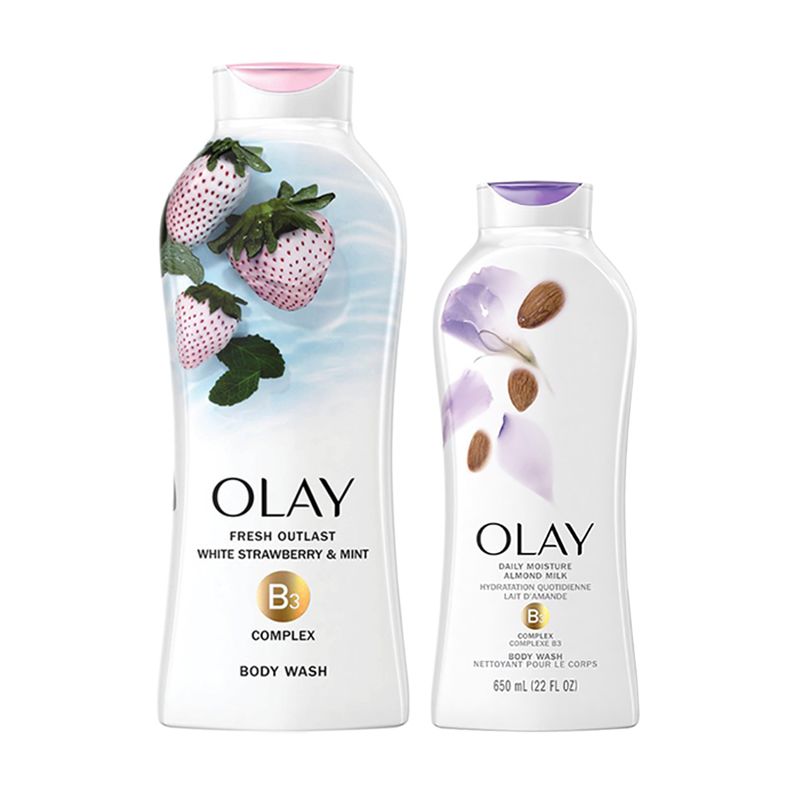 Bộ Sữa Tắm Dưỡng Ẩm Hương Thiên Nhiên OLAY (Fresh Outlast White Strawberry & Mint Body Wash 650ml + Age Defying Vitamin E Body Wash 364ml)