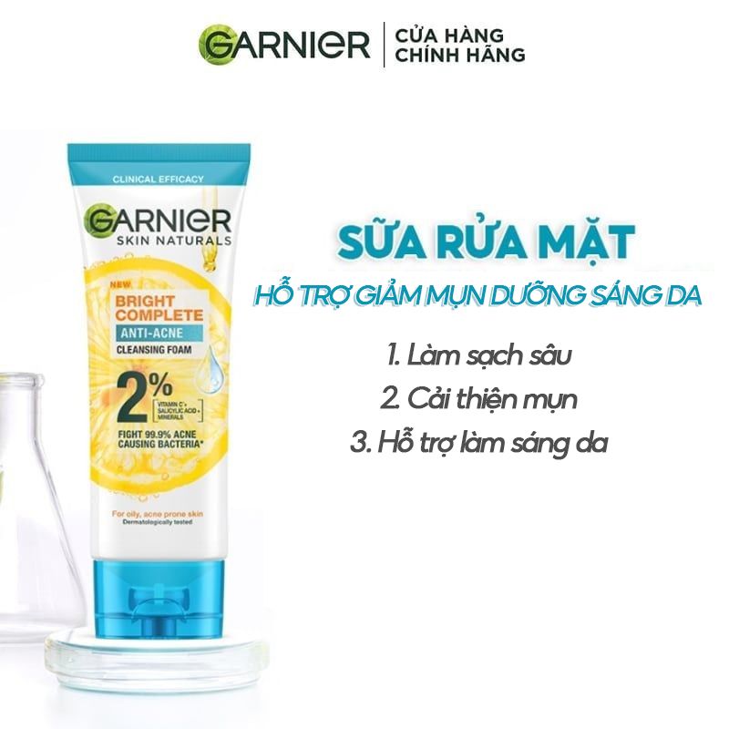 Sữa Rửa Mặt 3 Trong 1 Hỗ Trợ Giảm Mụn, Dưỡng Sáng Da Garnier Bright Complete 3-in-1 Anti-Acne Foam 100ml