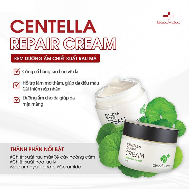 Kem Dưỡng Da Cấp Ẩm, Làm Dịu Da, Hỗ Trợ Mờ Thâm Nám GoodnDoc Centella Repair Cream 50ml