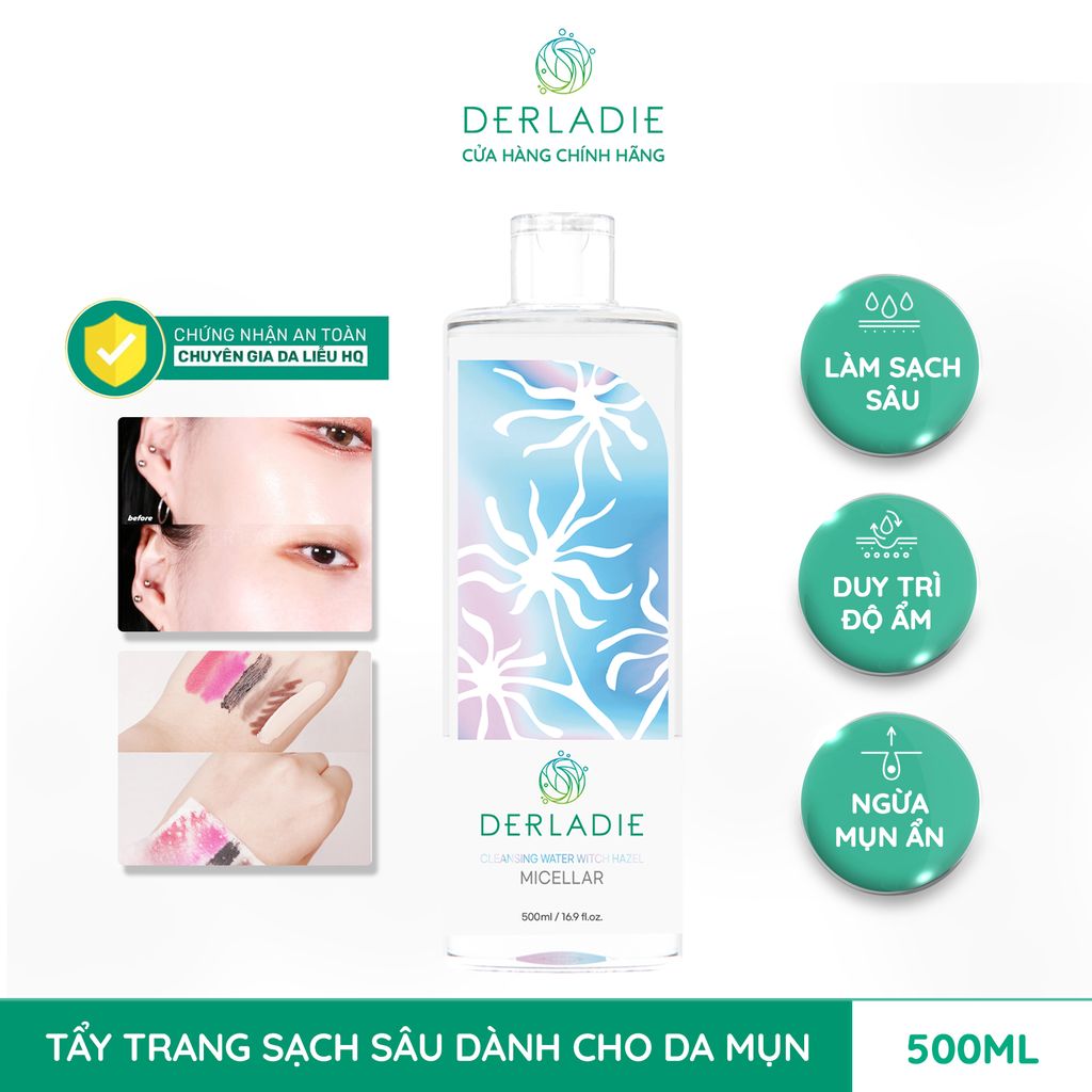 [Phiên Bản Nâng Cấp] Nước Tẩy Trang Làm Sạch Da, Kháng Khuẩn, Dịu Nhẹ Derladie Cleansing Water Witch Hazel Micellar 500ml