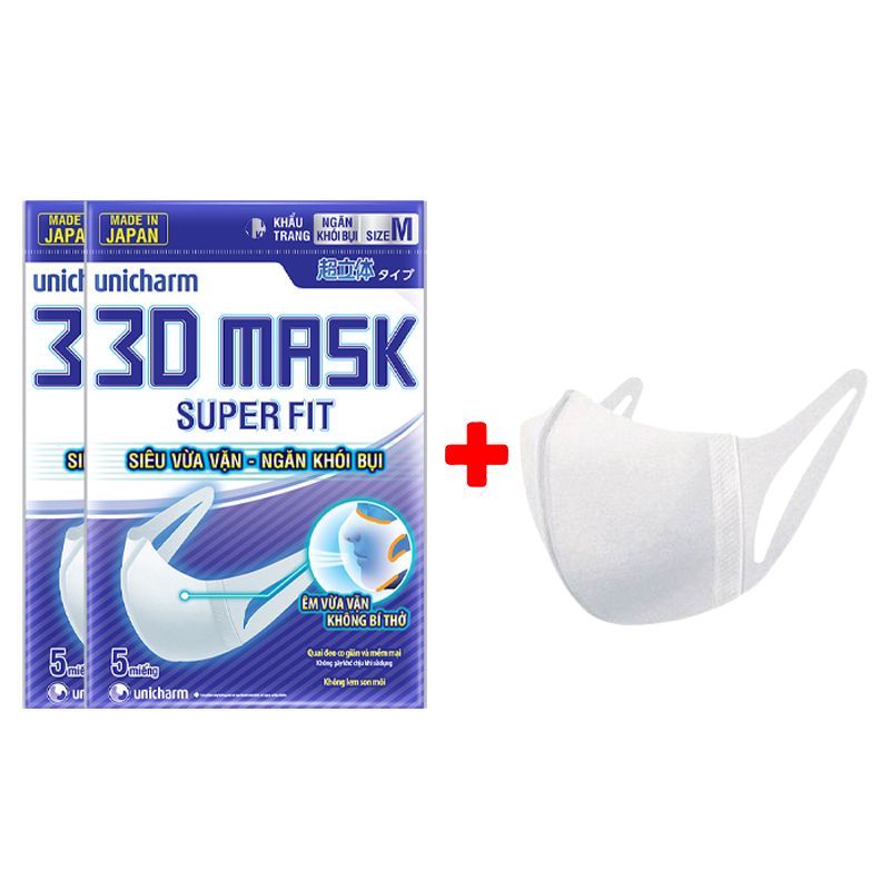 [Gói 5 Cái] Khẩu Trang Siêu Vừa Vặn Ngăn Khói Bụi Unicharm 3D Mask Super Fit