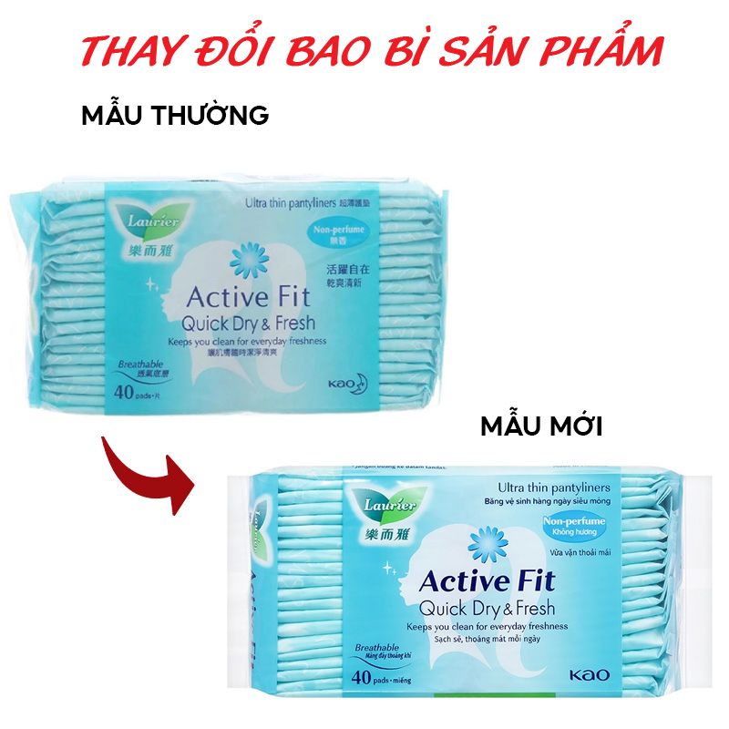 Băng Vệ Sinh Hằng Ngày Không Hương Laurier Active Fit Quick Dry & Fresh - 40 Miếng (Che tên sản phẩm khi giao hàng)