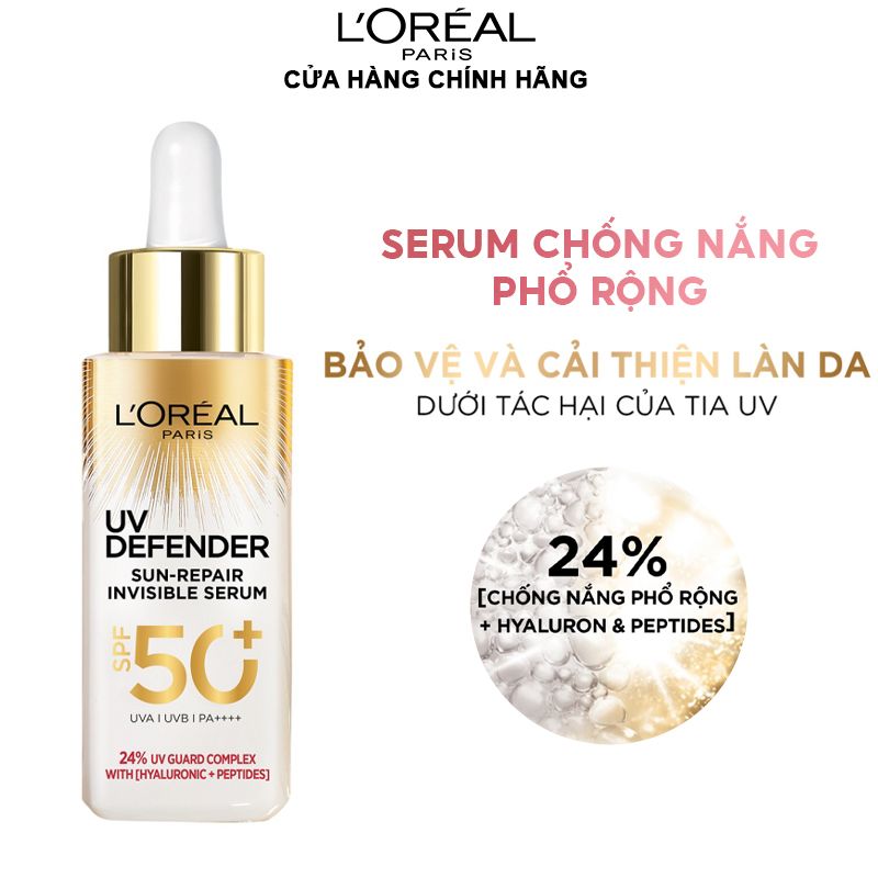 Serum Chống Nắng L'oreal Phổ Rộng, Mỏng Nhẹ, Hỗ Trợ Cải Thiện Da UV Defender Sun-Repair Invisible Serum SPF 50+ PA++++ 30ml