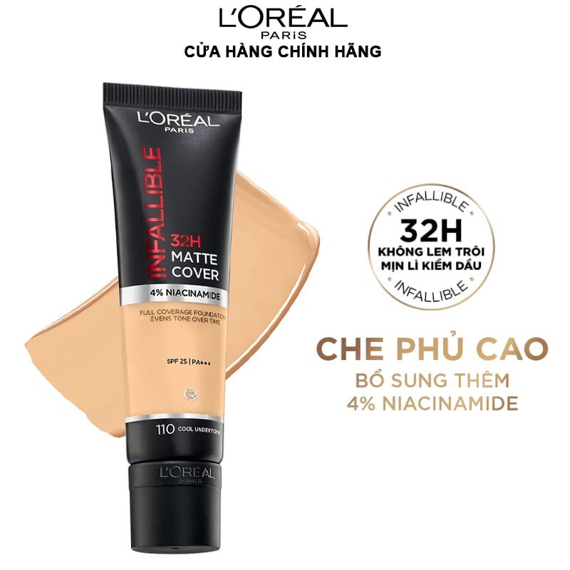 Kem Nền Che Phủ Cao, Kiềm Dầu, Lâu Trôi Với 4% Niacinamide L'Oreal Infallible 32H Matte Cover Foundation SPF25 PA+++ 30ml