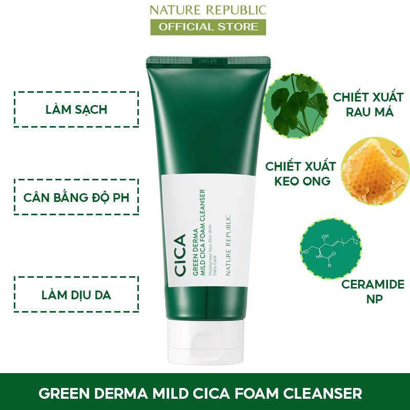 Sữa Rửa Mặt Làm Dịu, Bổ Sung Độ Ẩm Từ Rau Má & Keo Ong Nature Republic Green Derma Mild Cica Foam Cleanser 150ml (date 12/2024)