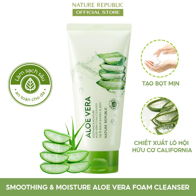 Sữa Rửa Mặt Tạo Bọt Làm Sạch Sâu, Dưỡng Ẩm Chiết Xuất Lô Hội Nature Republic Soothing & Moisture Aloe Vera Foam Cleanser 150ml