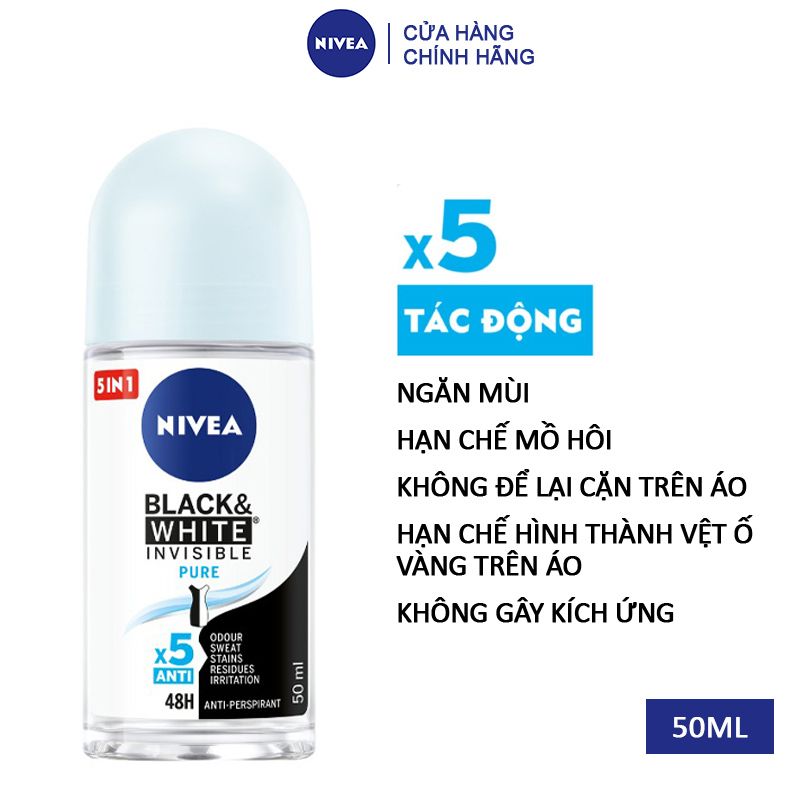 Lăn Khử Mùi Hỗ Trợ Dưỡng Da Sáng Mịn, Ngăn Vệt Ố Vàng Nivea Black & White Invisible Pure Anti-Perspirant Roll On 50ml (Che tên sản phẩm khi giao hàng)