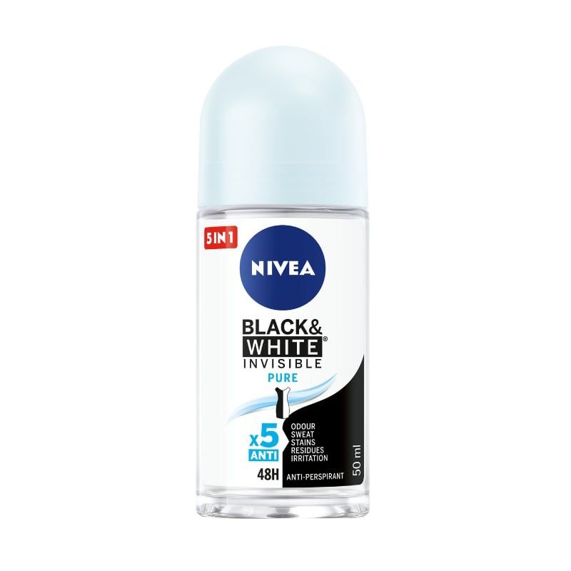 Lăn Khử Mùi Hỗ Trợ Dưỡng Da Sáng Mịn, Ngăn Vệt Ố Vàng Nivea Black & White Invisible Pure Anti-Perspirant Roll On 50ml (Che tên sản phẩm khi giao hàng)