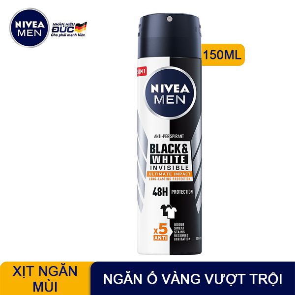 Xịt Khử Mùi Cho Nam Ngăn Vệt Ố Vàng Nivea Men Black & White Invisible Anti-Perspirant Spray 150ml