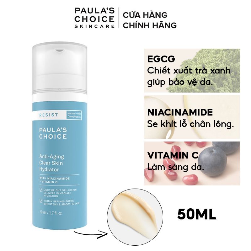 Kem Dưỡng Ẩm Ngăn Ngừa Lão Hóa, Làm Đều Màu Da Paula's Choice Resist Anti-Aging Clear Skin Hydrator 50ml