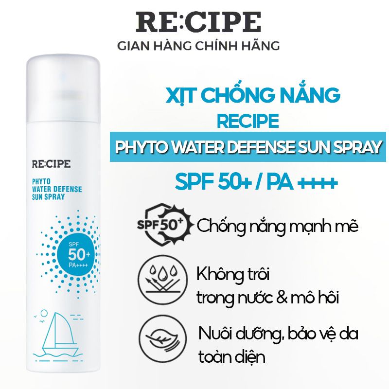 Xịt Chống Nắng Bảo Vệ Da, Dưỡng Ẩm Recipe Phyto Water Defense Sun Spray SPF50+ PA++++