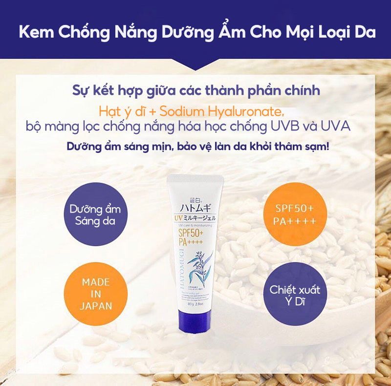 Kem Chống Nắng Dưỡng Ẩm, Dưỡng Trắng Da, Dành Cho Mặt Và Toàn Thân Hatomugi UV Care & Moisturizing Milky Gel SPF50+/PA++++