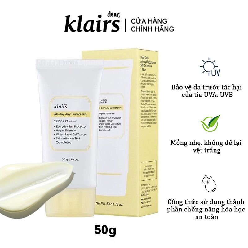 Kem Chống Nắng Mỏng Nhẹ, Cấp Ẩm Cho Da Klairs All Day Airy Sunscreen SPF50+ PA++++ 50g