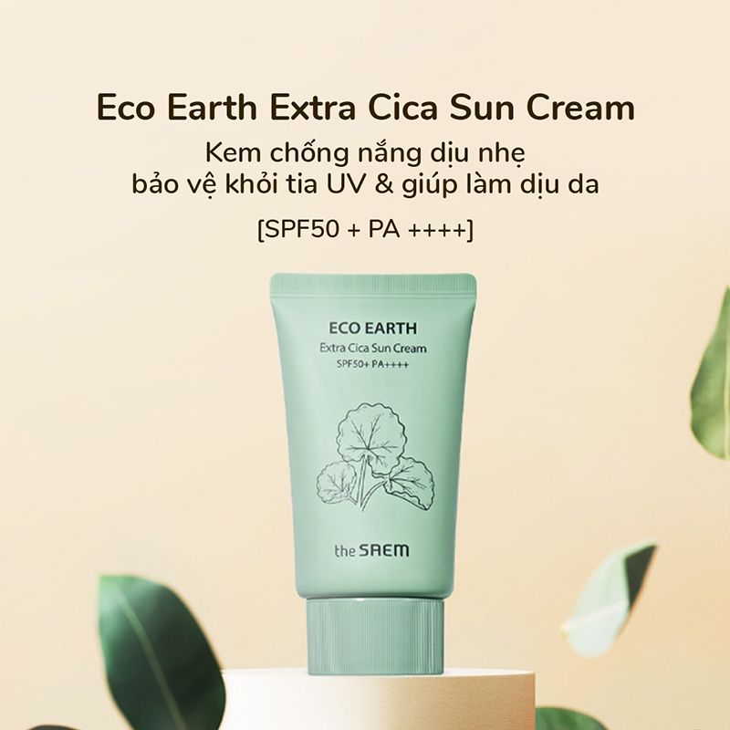 Kem Chống Nắng Nâng Tông, Cân Bằng Ẩm, Chiết Xuất Rau Má The Saem Eco Earth Extra Cica Sun Cream SPF50+/PA++++ 50g