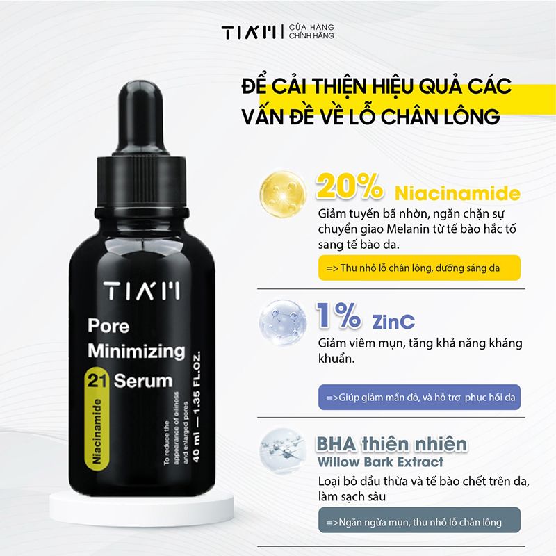 Serum Tiam Tinh Chất Kiểm Soát Dầu Nhờn, Thu Nhỏ Lỗ Chân Lông, Làm Đều Màu Da Niacinamide 20% + Zinc 1% Tiam Pore Minimizing 21 Serum 40ml