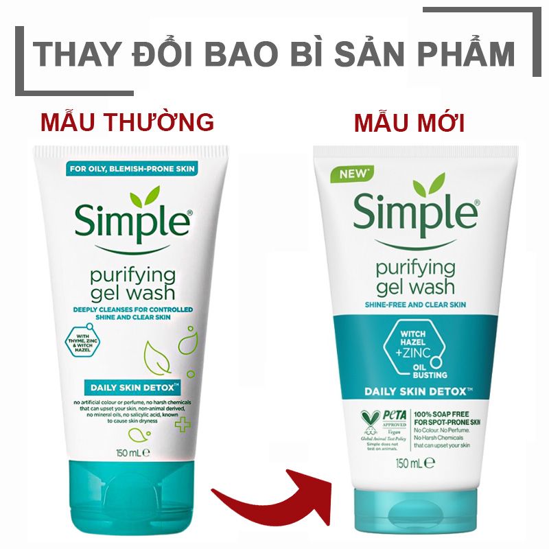 Gel Rửa Mặt Không Chứa Xà Phòng Kiềm Dầu, Ngừa Mụn Cho Da Nhạy Cảm Simple Purifying Gel Wash 150ml