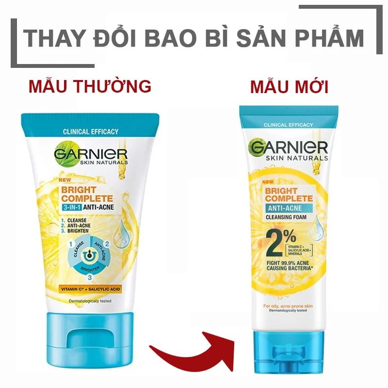 Sữa Rửa Mặt 3 Trong 1 Hỗ Trợ Giảm Mụn, Dưỡng Sáng Da Garnier Bright Complete 3-in-1 Anti-Acne Foam 100ml