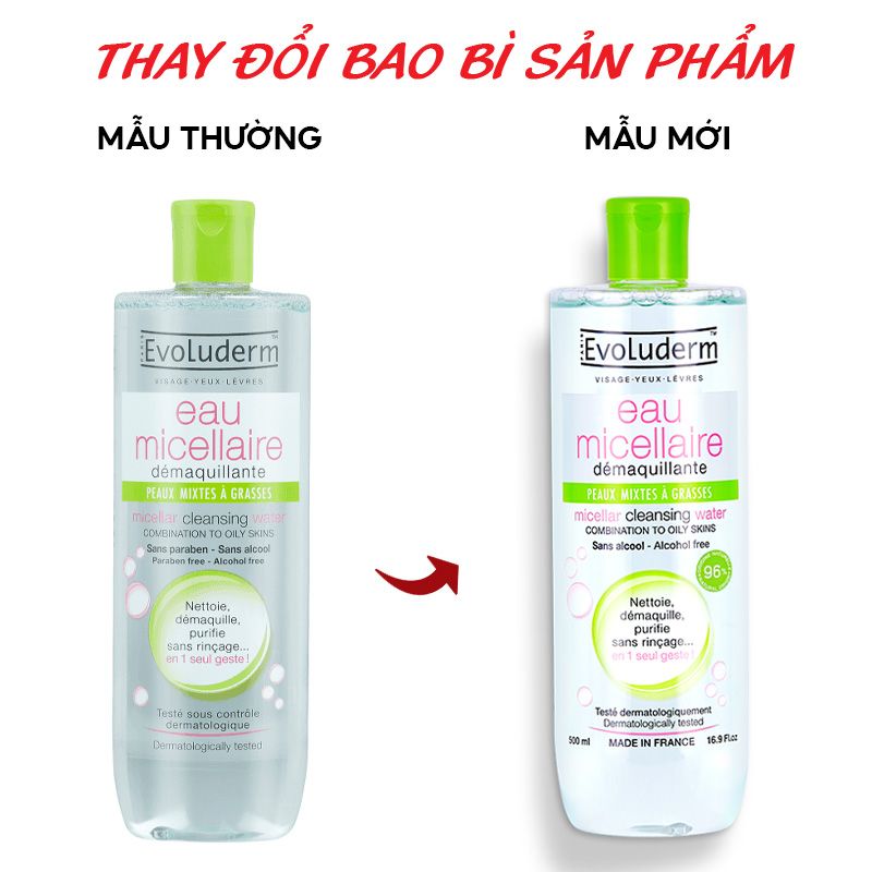 Nước Tẩy Trang Dành Cho Da Hỗn Hợp, Da Dầu Evoluderm Micellar Cleansing Water Combination To Oily Skins