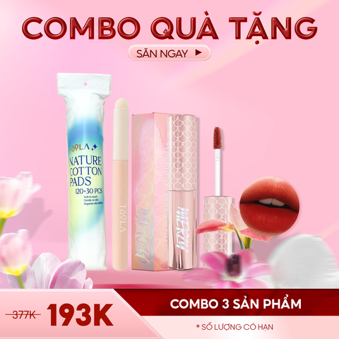 Combo Quà Tặng: Makeup 1  - 3 Sản Phẩm (Son Kem V6 Siren, Cọ Môi Đầu Tròn Toola, Bông Tẩy Trang Tròn Toola 150 Miếng)