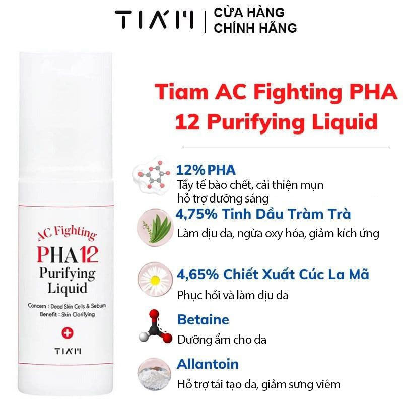 Tinh Chất Hỗ Trợ Giảm Mụn, Mờ Thâm, Loại bỏ Tế Bào Chết 12% PHA + 4,75% Tinh Dầu Tràm Trà Tiam AC Fighting PHA 12 Purifying Liquid 80ml