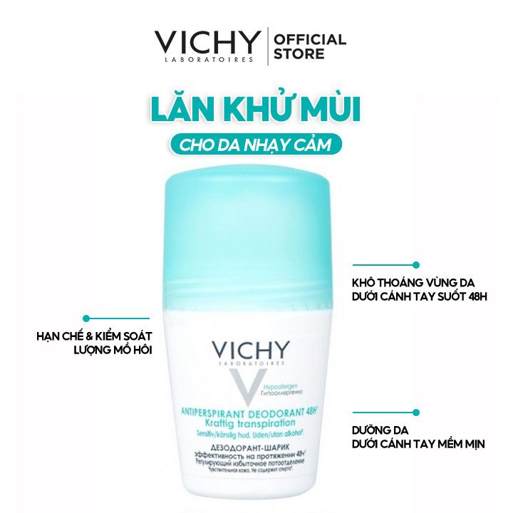 Lăn Khử Mùi Mồ Hôi Dưới Cánh Tay, Giữ Khô Thoáng Suốt 48h Cho Da Nhạy Cảm Vichy Traitement Anti – Transpirant 48h 50ml (Che tên sản phẩm khi giao hàng)