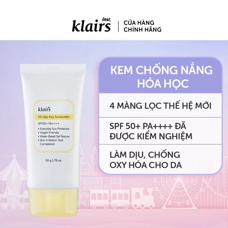 Kem Chống Nắng Mỏng Nhẹ, Cấp Ẩm Cho Da Klairs All Day Airy Sunscreen SPF50+ PA++++ 50g