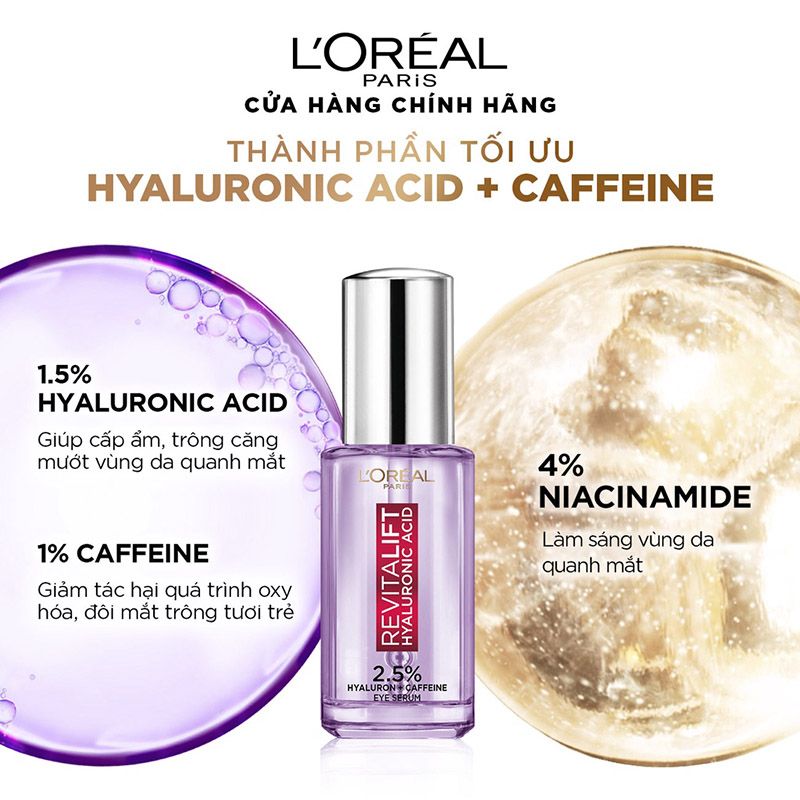 Serum L'oreal Tinh Chất Dưỡng Mắt Giảm Bọng Mắt, Mờ Quầng Thâm & Làm Đầy Rãnh Nhăn L'oreal Paris Revitalift Hyaluronic Acid Eye Serum 20ml