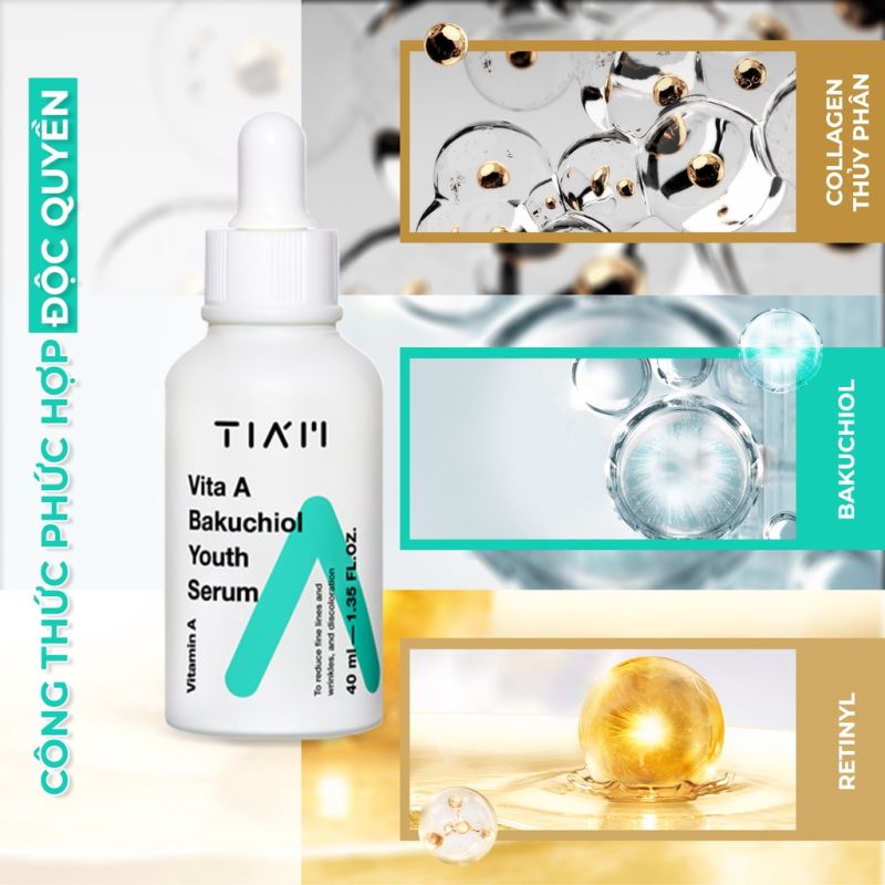 Serum Tiam Tinh Chất Dưỡng Ẩm, Giảm Vết Nhăn & Ngăn Ngừa Lão Hóa Tiam Vita A Bakuchiol Youth Serum 40ml