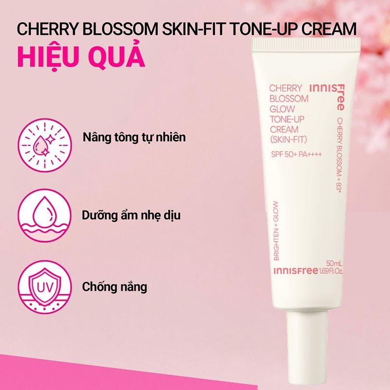 Kem Dưỡng Ẩm Nâng Tông, Làm Sáng, Chống Nắng Cho Da Innisfree Cherry Blossom Glow Skin-Fit Tone-up Cream SPF50+ 50ml