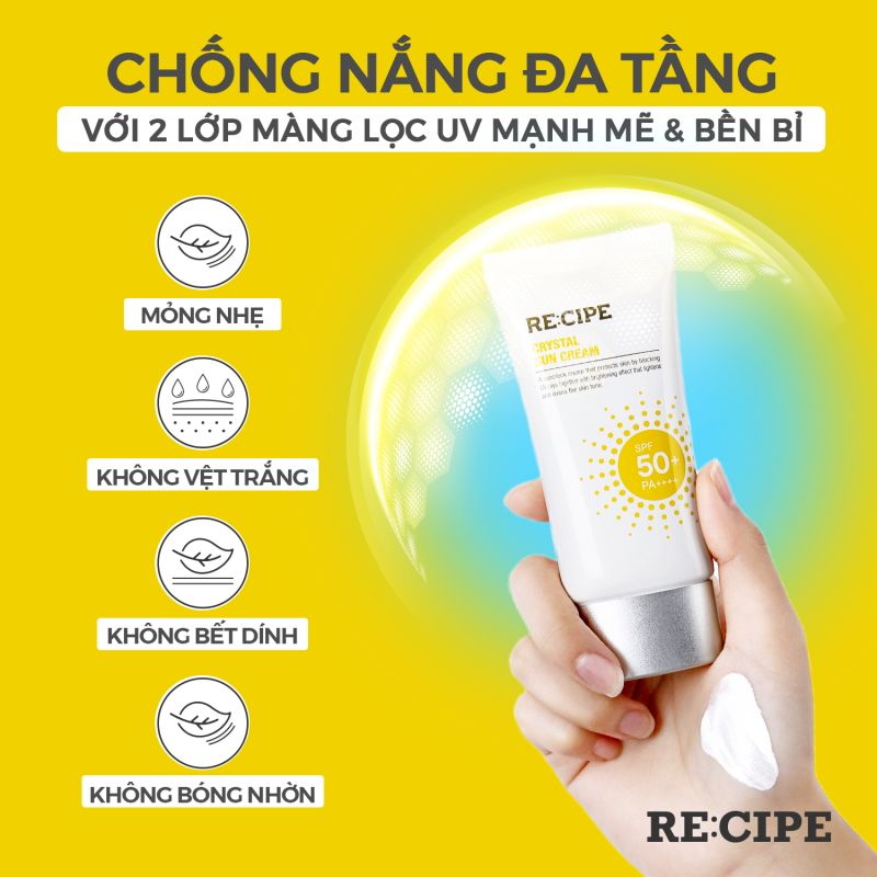 Kem Chống Nắng Nâng Tone, Ngăn Ngừa Lão Hóa Re:cipe Crystal Sun Cream SPF50+/PA++++ 50ml