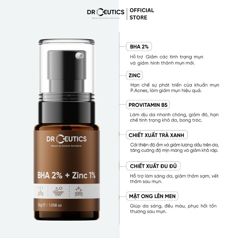 Serum Tinh Chất Dưỡng Hỗ Trợ Giảm Mụn, Kiểm Soát Dầu Nhờn DrCeutics BHA 2%+ Zinc 1% 30g