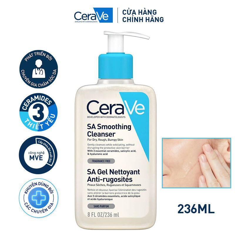 Sữa Rửa Mặt Làm Sạch Sâu Cho Da Mụn, Tẩy Da Chết Dịu Nhẹ Cerave Developed With Dermatologists SA Smoothing Cleanser 236ml