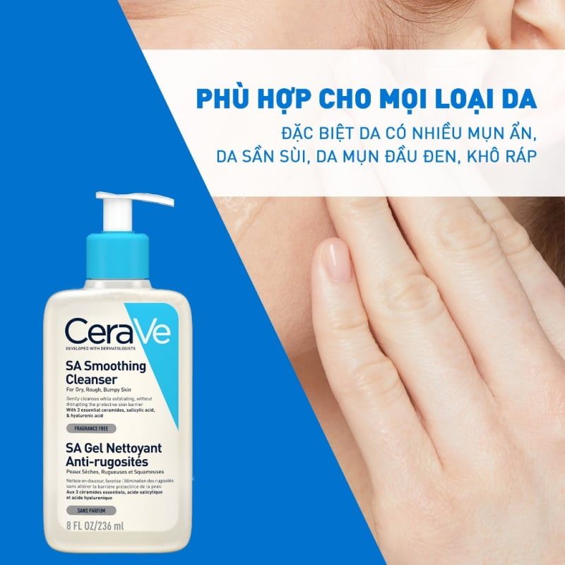 Sữa Rửa Mặt Làm Sạch Sâu Cho Da Mụn, Tẩy Da Chết Dịu Nhẹ Cerave Developed With Dermatologists SA Smoothing Cleanser 236ml