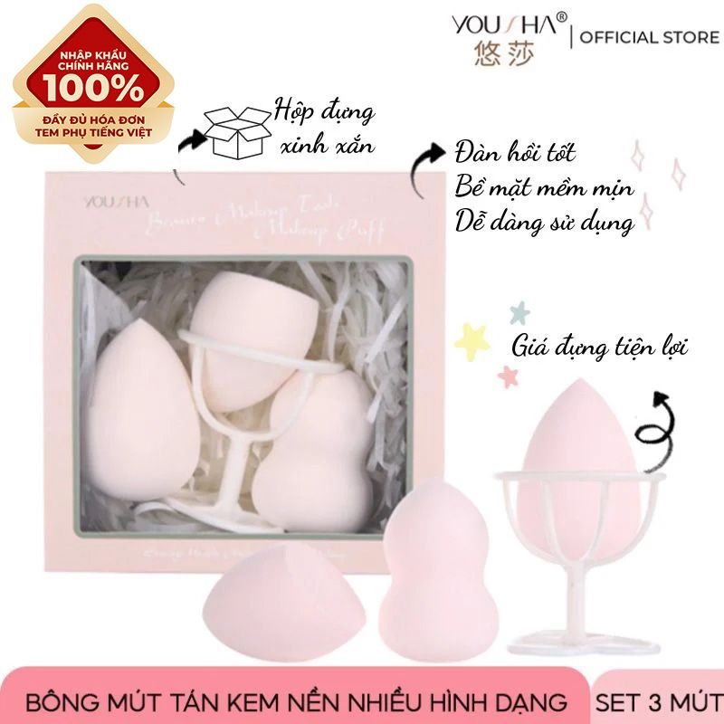 [NHẬP KHẨU] Set 3 Mút Tán Kem Nền Nhiều Hình Dạng Yousha Beauty Makeup Tools Puff YF200