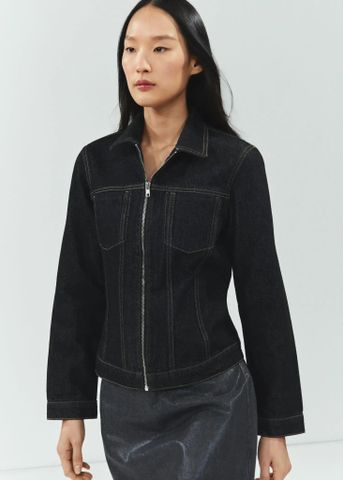 Mango - Áo khoác nữ Fitted zipper denim jacket