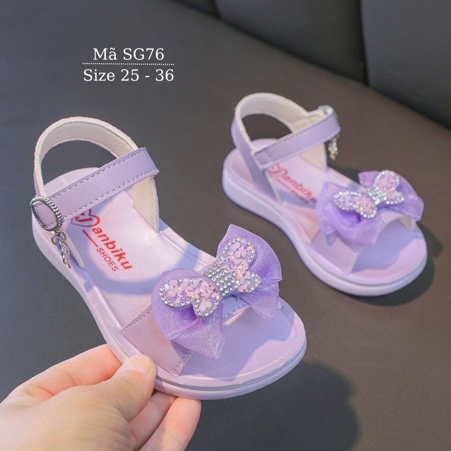 Dép sandal cho bé gái 3 - 12 tuổi màu tím gắn nơ thời trang điệu đà và duyên dáng đi học đi chơi phong cách Hàn Quốc SG76