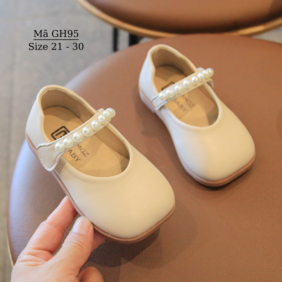 Giày búp bê bé gái 1 - 5 tuổi màu trắng da mềm quai dán đính ngọc xinh xắn và dễ thương GH95