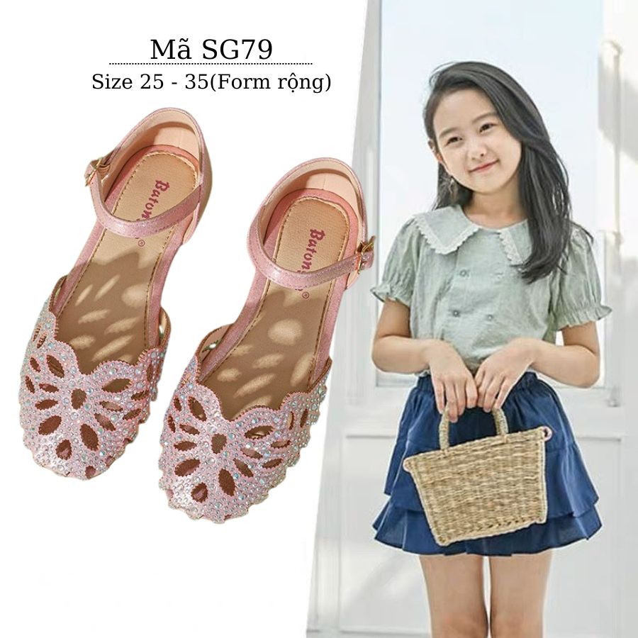 Giày sandal búp bê bé gái 3 - 12 tuổi bít mũi màu hồng đính kim sa lấp lánh điệu đà và duyên dáng phong cách Hàn Quốc SG79