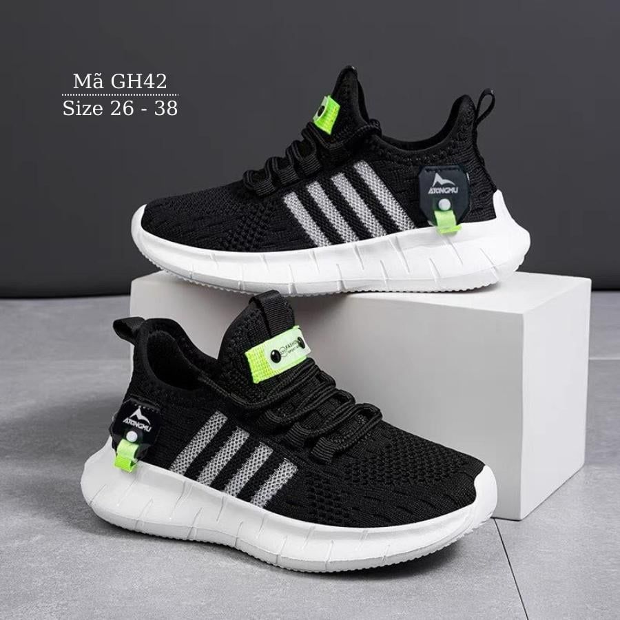 Giày thể thao trẻ em học sinh đen sọc trắng xám sneaker năng động cá tính cho bé trai bé gái 3 - 12 tuổi siêu nhẹ GH42