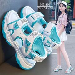 Dép sandal bé gái quai hậu hở mũi độn đế cao gót 4 phân màu trắng xanh phong cách Hàn Quốc cho trẻ em học sinh 6 - 12 tuổi S03