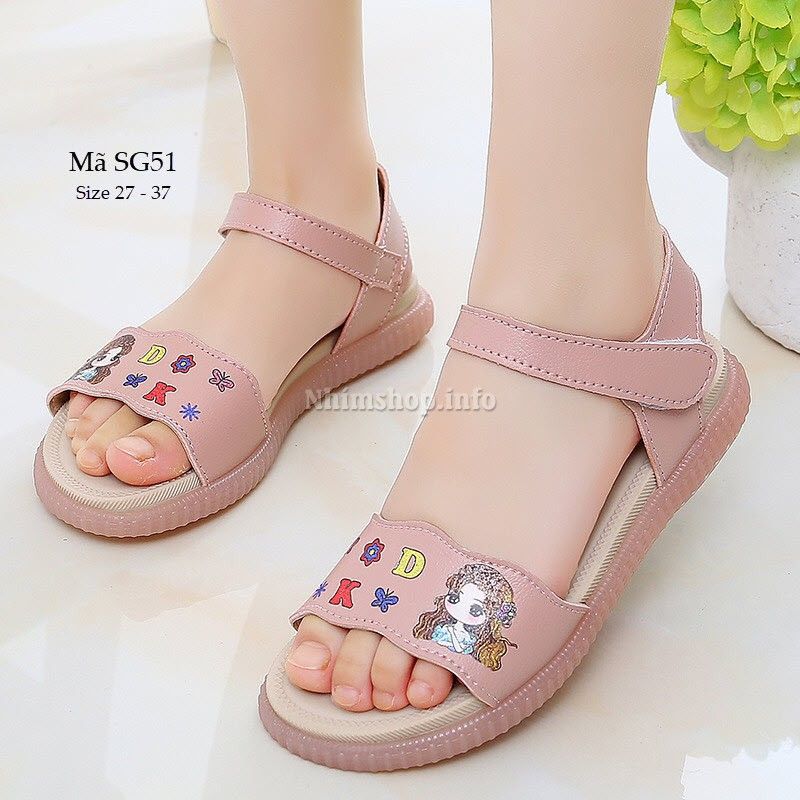 Sandal bé gái quai hậu da mềm cao cấp đế dẻo chịu nước kháng khuẩn nhanh ráo họa tiết công chúa cho bé gái 3 - 12 tuổi SG51